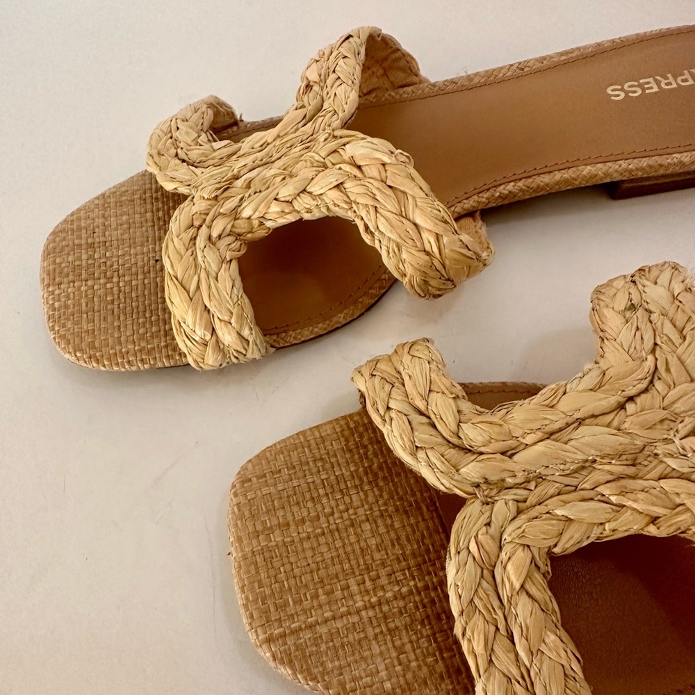 Express Women’s Light Braided Rattan Straw Slip On Slides Sandals tan In Size 8 - Picture 6 of 11